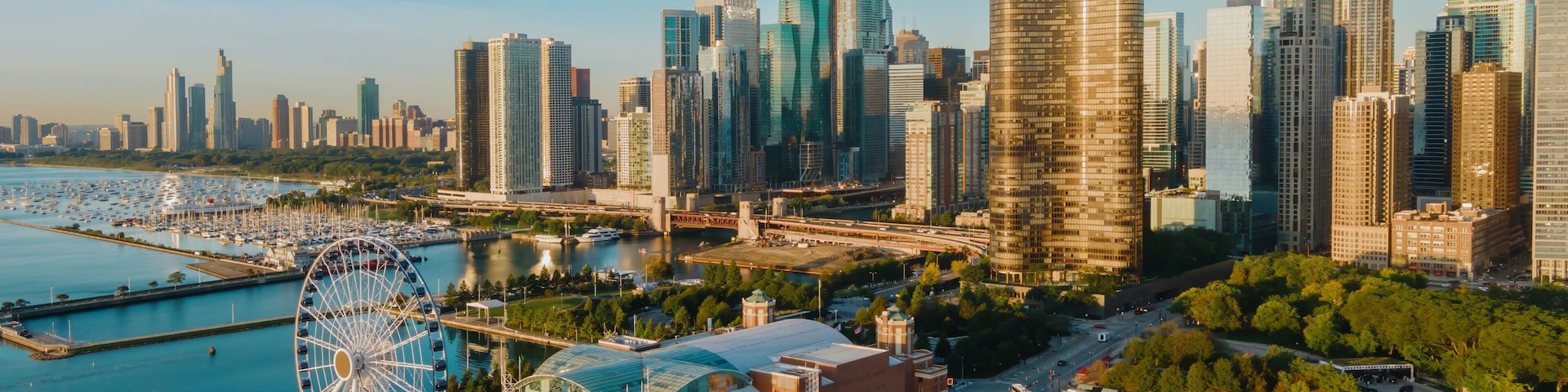 A city skyline with modern skyscrapers, a waterfront with a marina, and a large Ferris wheel.
