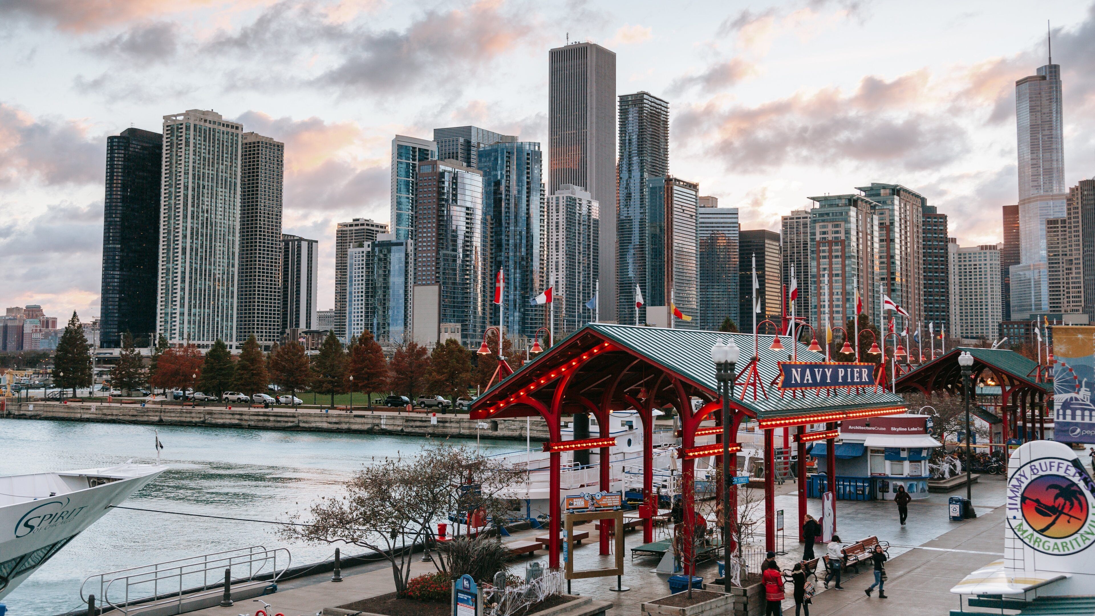 Navy Pier showing landscape views, a sunset and a city