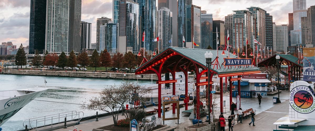 Navy Pier showing landscape views, a sunset and a city