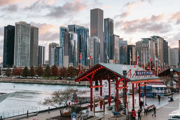 Navy Pier showing landscape views, a sunset and a city