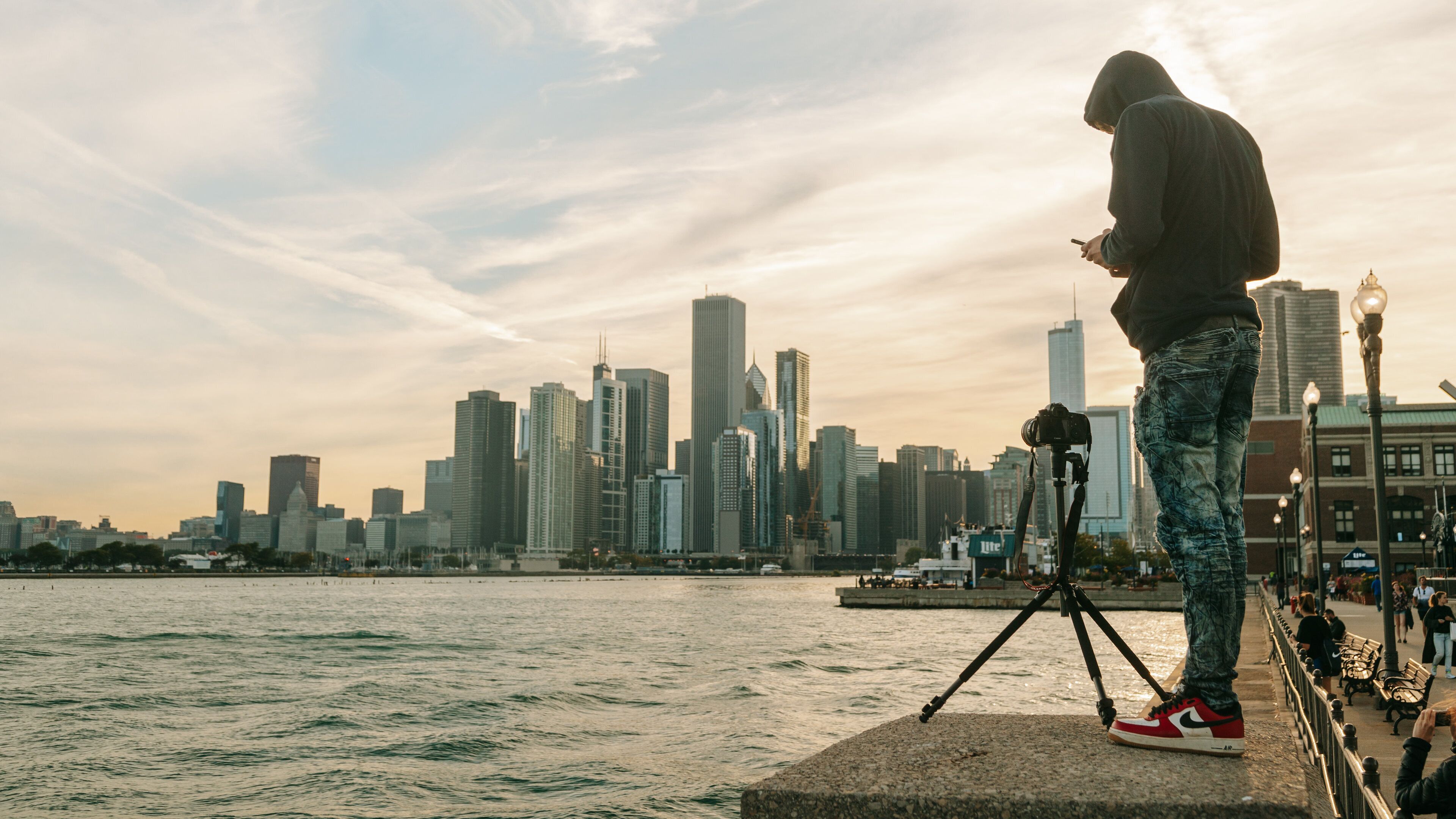 Navy Pier featuring a sunset, a bay or harbor and a city