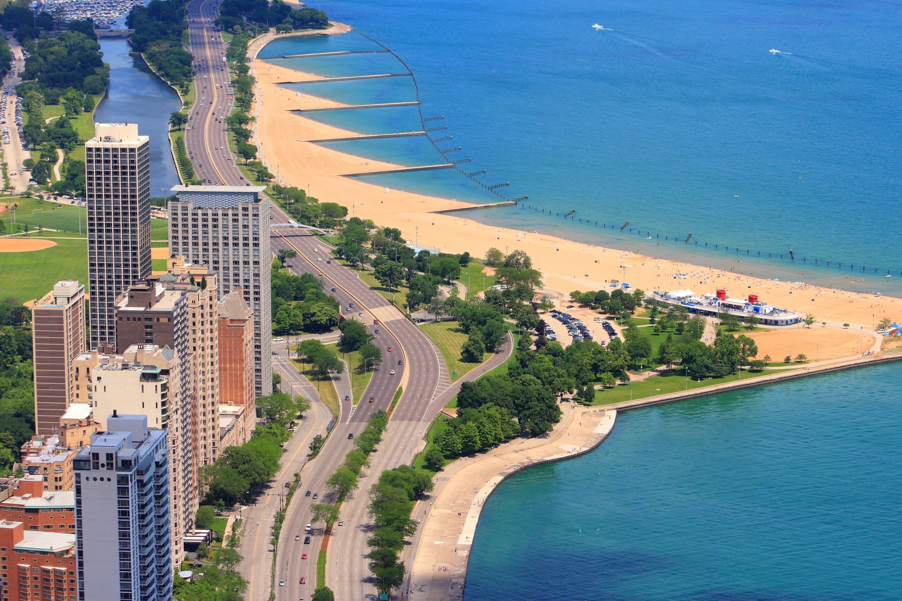 Chicago city aerial view with Gold Coast. North Avenue Beach.