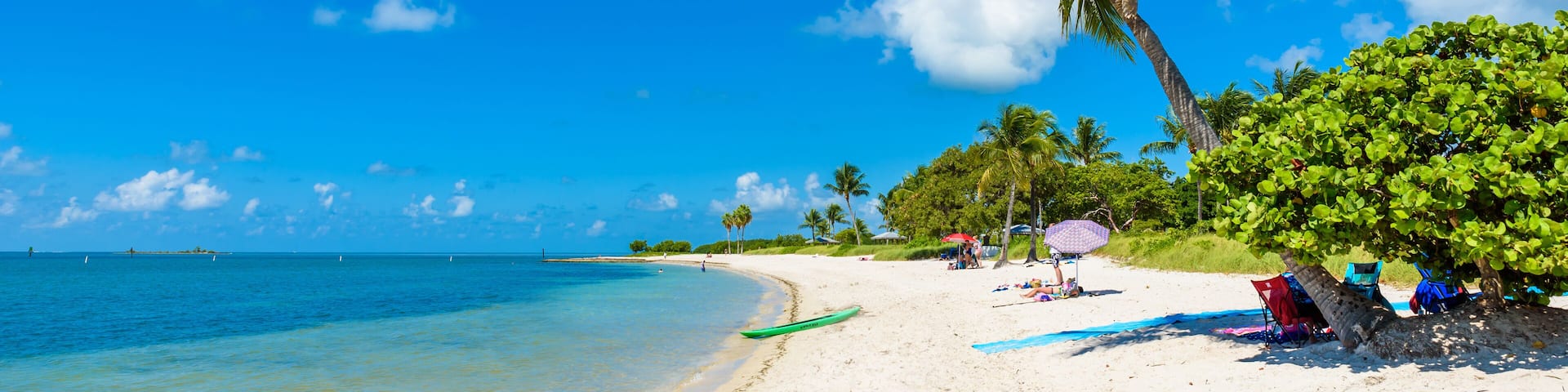 A beach with clear turquoise water, white sand, and palm trees.