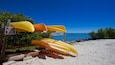 A beach with kayaks and a sign for kayak rentals at Ranger Station.