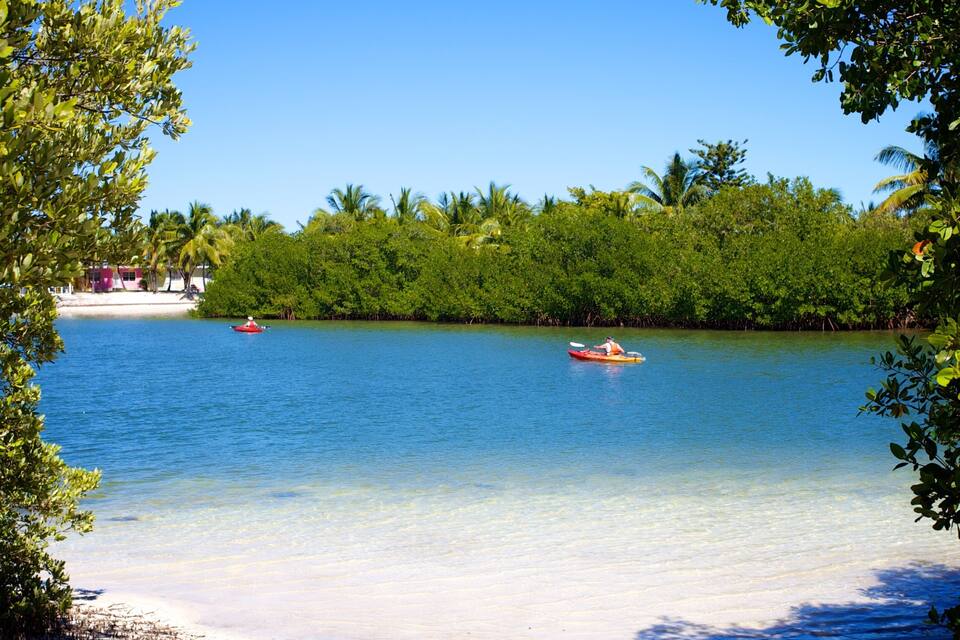 Una bahía tranquila con aguas turquesas cristalinas, rodeada de exuberante vegetación verde y una playa de arena.