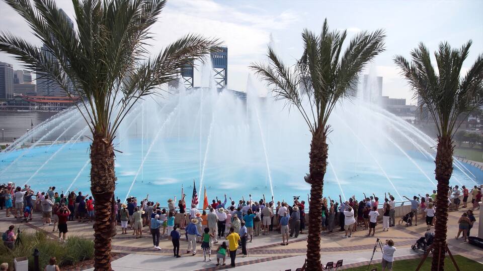 Friendship Park mostrando una fuente y también un gran grupo de personas