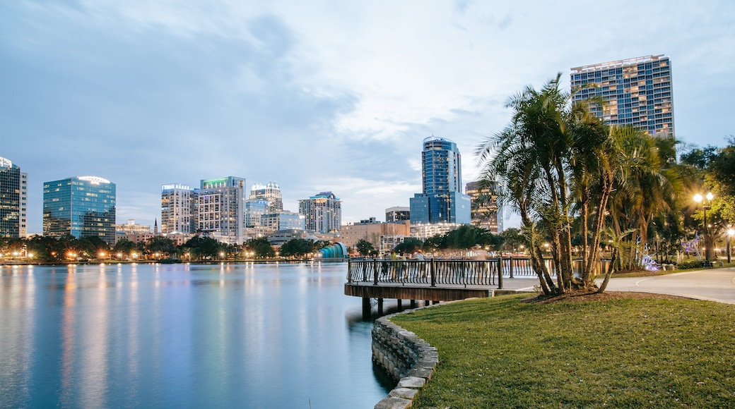 Lake Eola Park showing a bay or harbor and a city