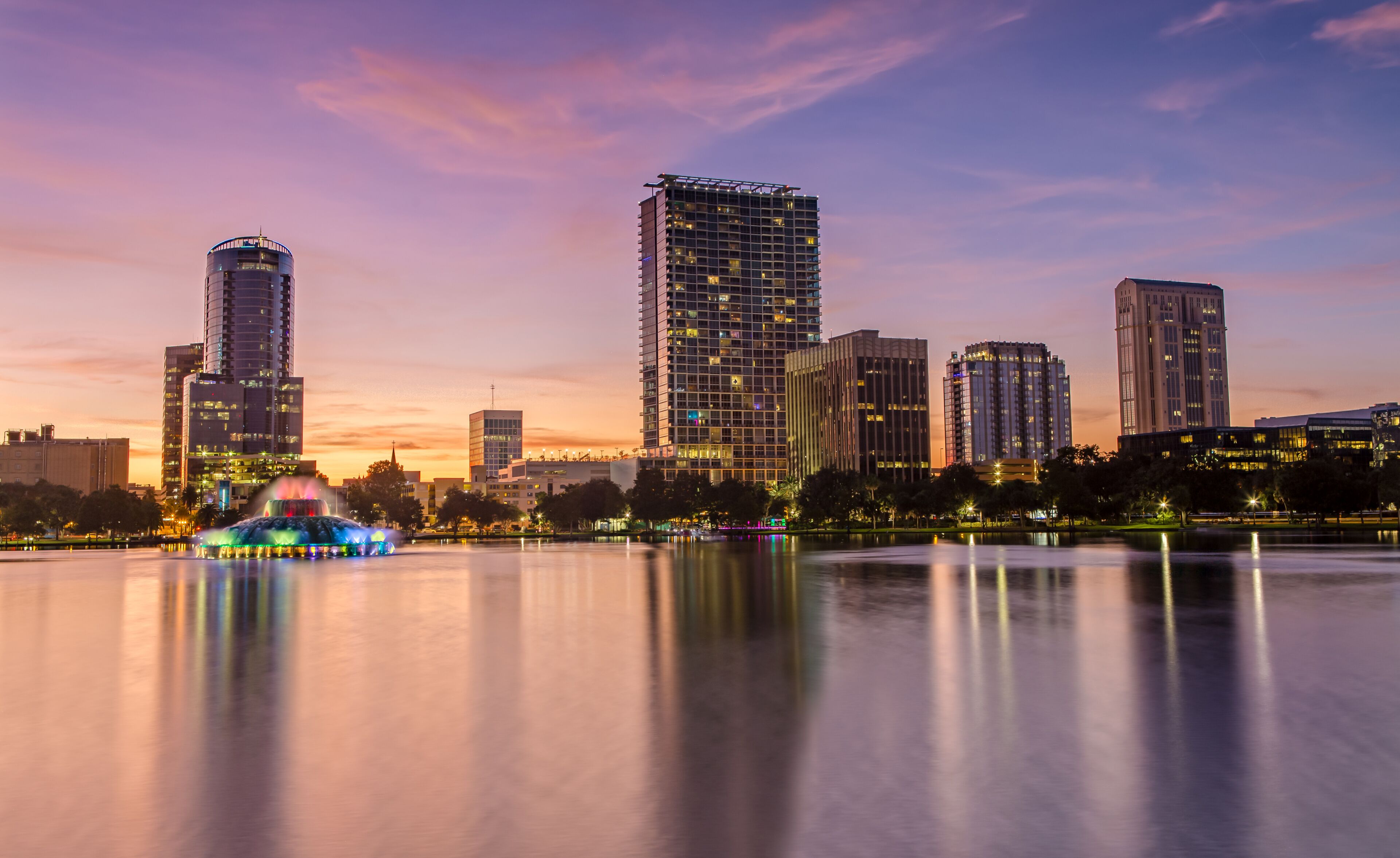 Downtown Orlando from Lake Eola Park at Sunset