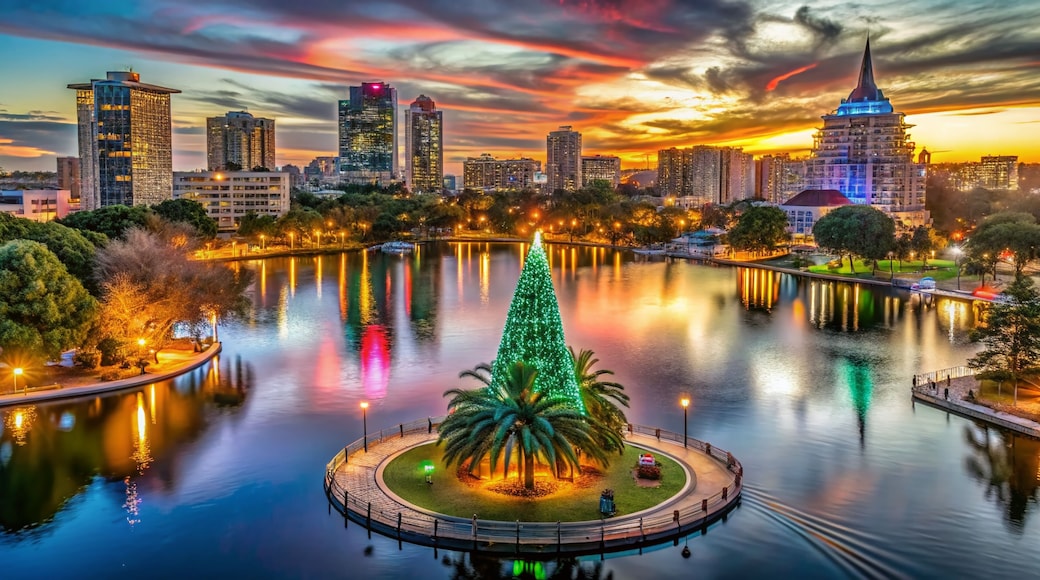 Aerial View of Lake Eola Park During Christmas Season with Festive Lights and Decorations