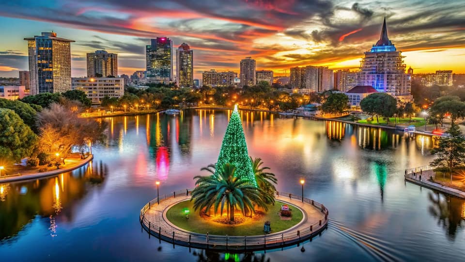 Aerial View of Lake Eola Park During Christmas Season with Festive Lights and Decorations
