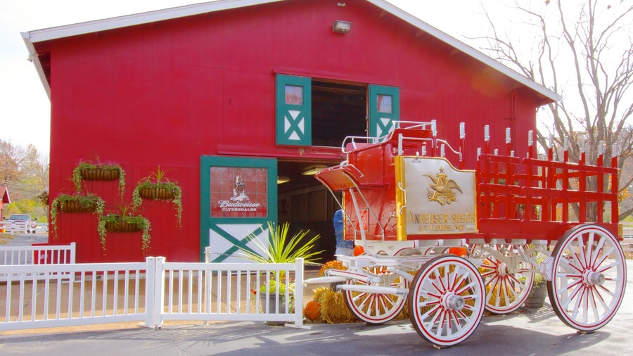 A red barn with green trim and a white picket fence.