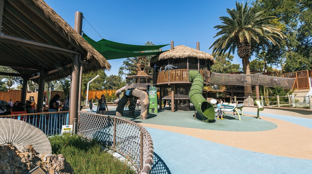 A playground with a slide, climbing structures, and a shaded area with a thatched roof.