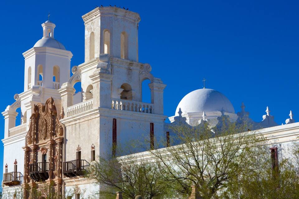 Eine historische Kirche mit Glockenturm und Kuppel, umgeben von Bäumen.