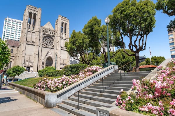 Grace Cathedral showing a church or cathedral, flowers and heritage architecture
