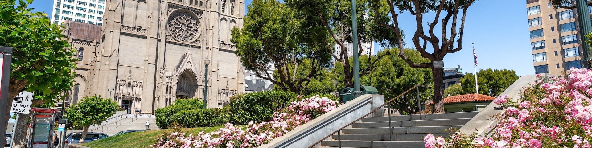 Grace Cathedral showing a church or cathedral, flowers and heritage architecture