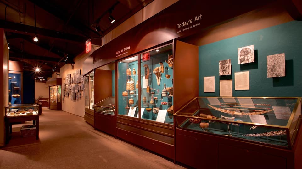 An art museum with glass display cases containing pottery and textiles.