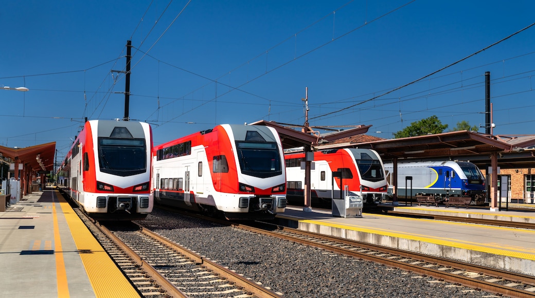 Une gare avec trois trains sur les voies et un train bleu en arrière-plan.