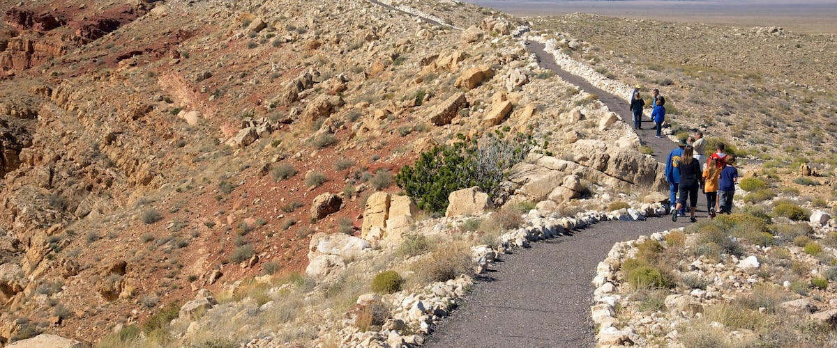 Meteor Crater featuring tranquil scenes and desert views as well as a small group of people