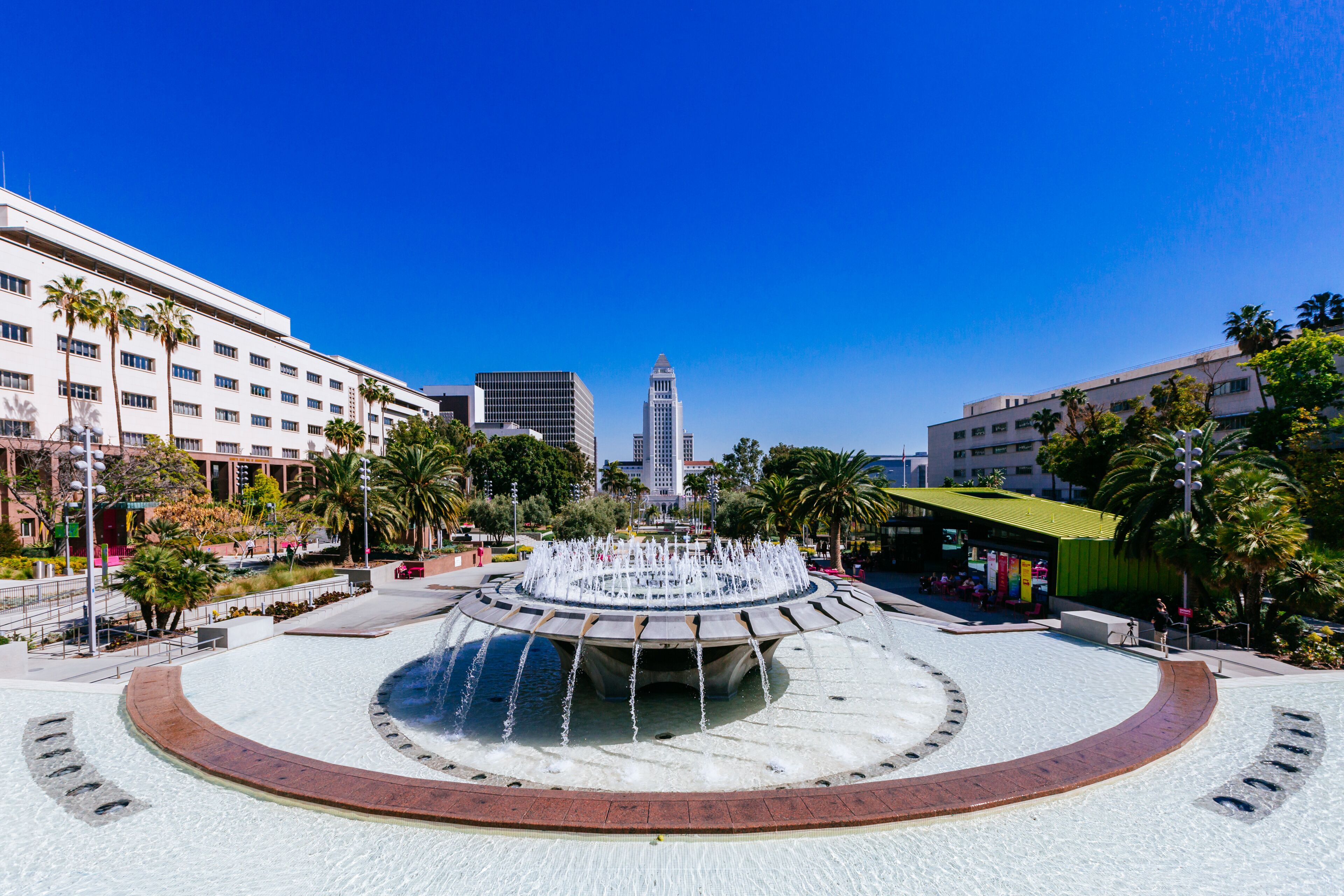Fountain in Grand Park, and Los Angeles City Hall
