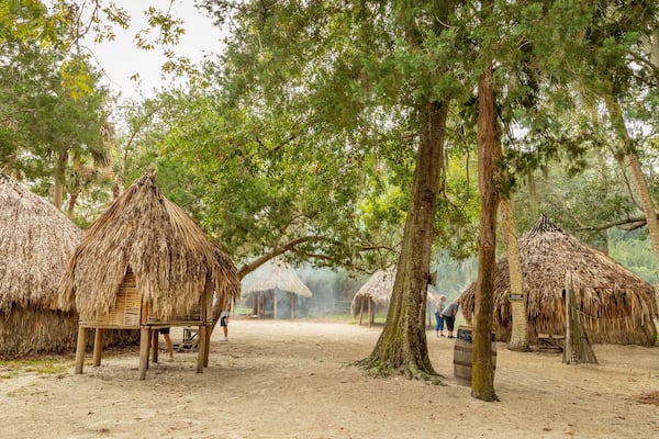 Thatched-roof huts in a forested area.