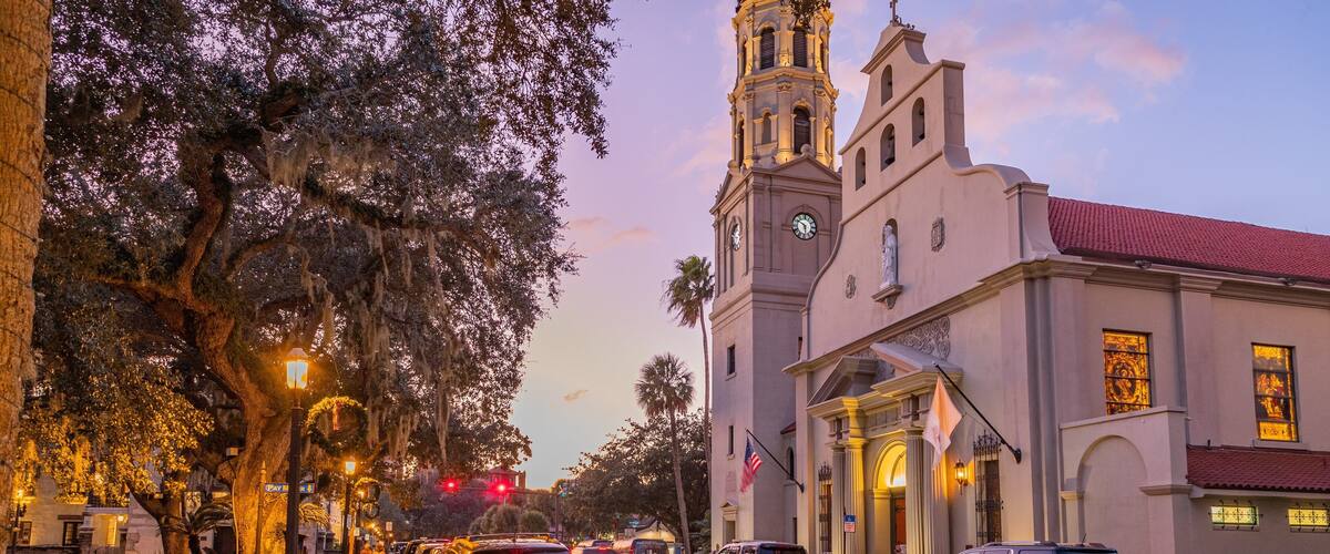 Cathedral Basilica of St. Augustine featuring a sunset, a church or cathedral and heritage architecture