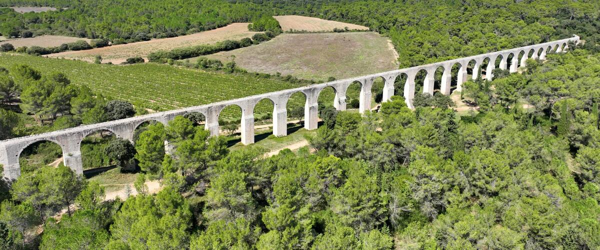 A long viaduct spanning a lush green landscape with distant mountains.