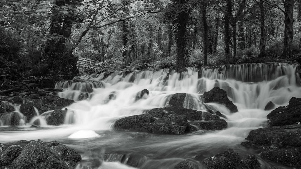 Black & White image Waterfall at Dun a Rí Forest Park, Kingscourt County Cavan Ireland