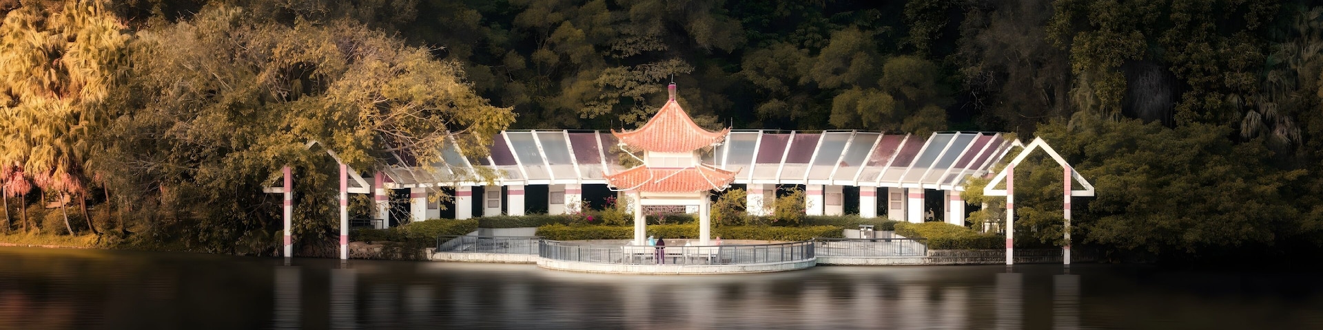 Traditional Chinese Pavilion at Donghu Lake Park Jiangmen China Sunset Reflection
