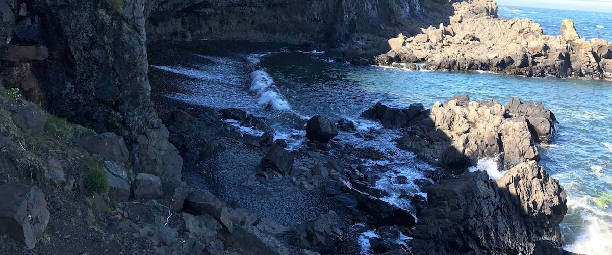 A rocky coastline with waves crashing against the shore, a cliff with sparse vegetation, and a clear sky.