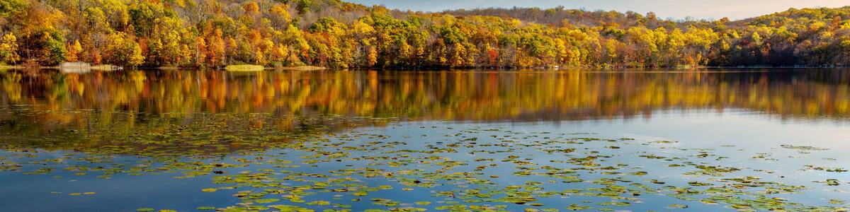 Colorful autumn foliage reflected in Sheppard Pond, Ringwood State Park, New Jersey