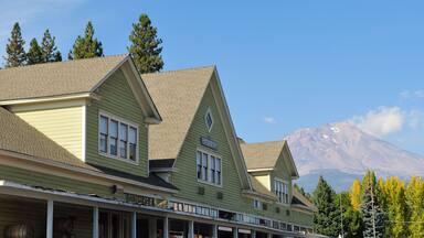 Historic company store building in McCloud, California with Mount Shasta in the background