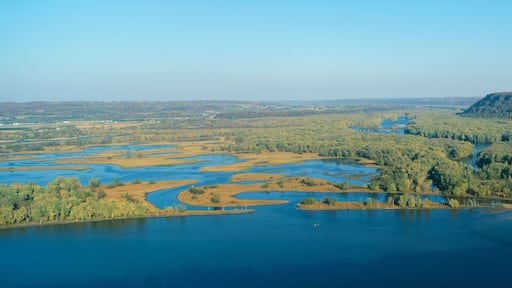 A river winding through a forested landscape with a prominent hill in the background.