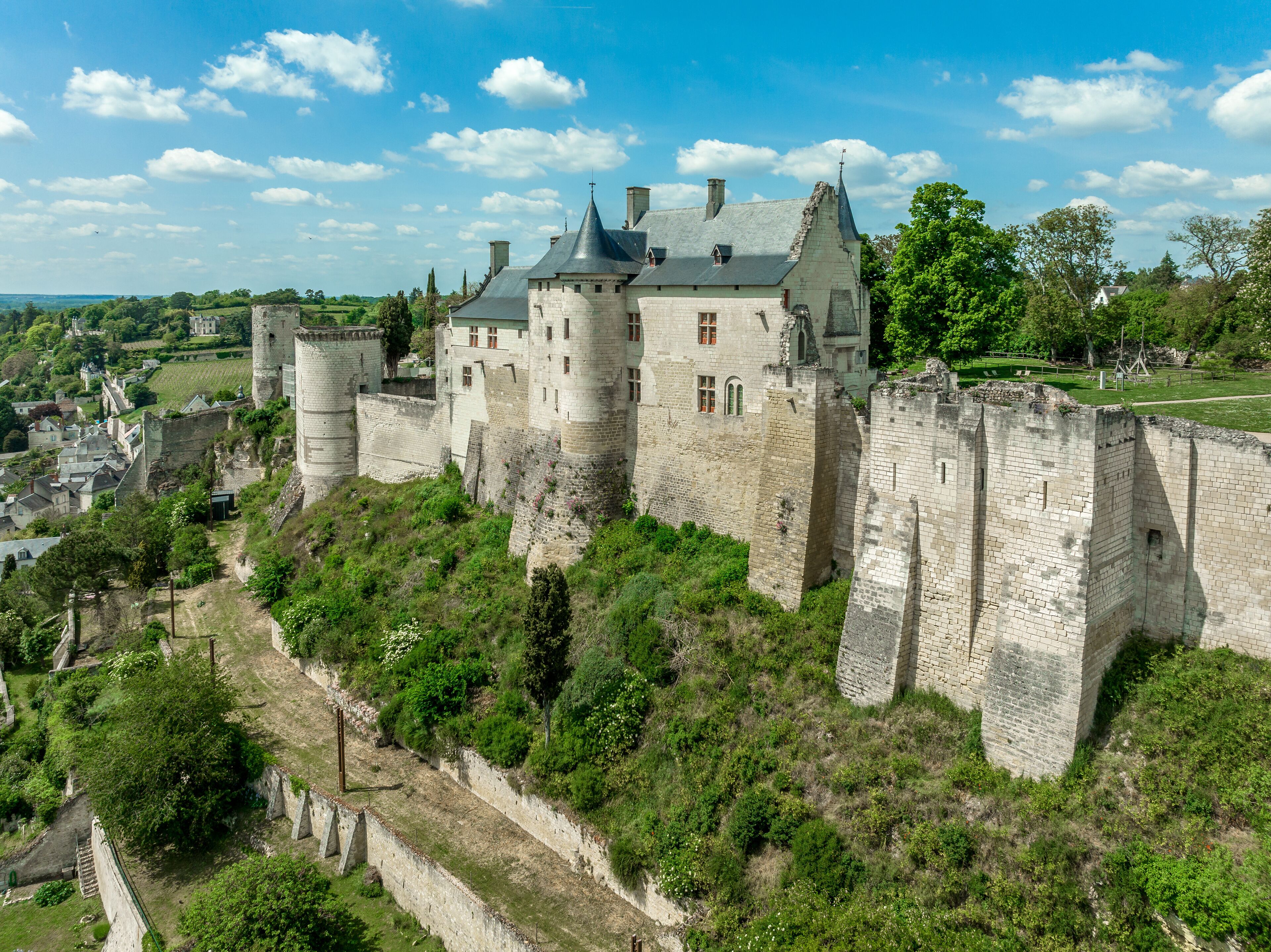A historic castle with a moat and surrounding walls, set on a hill with lush greenery.