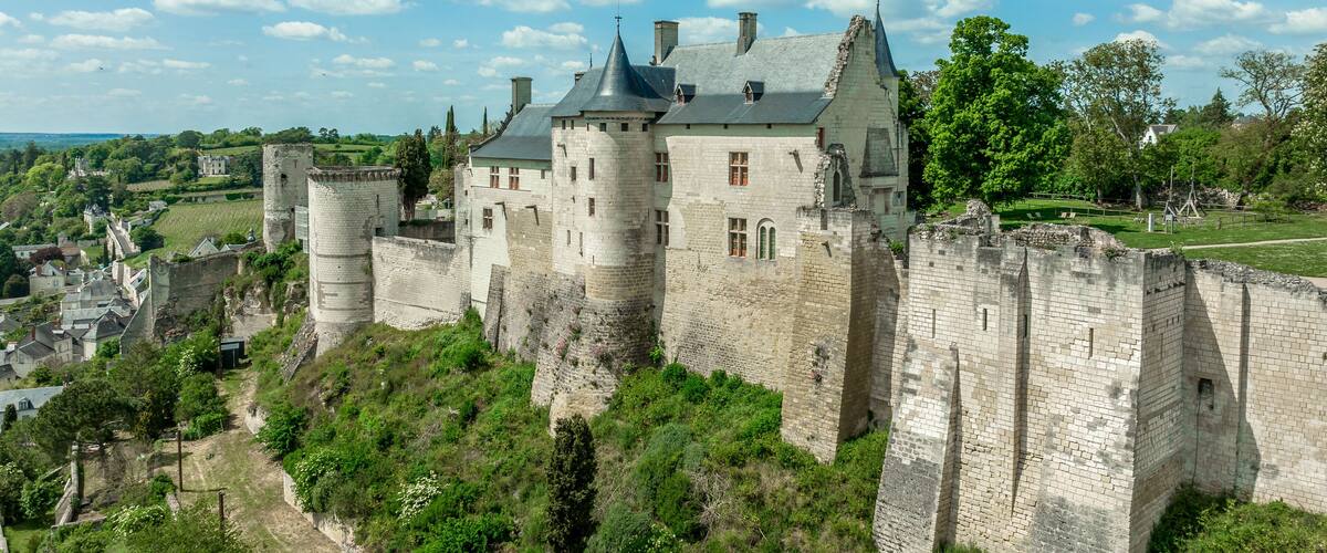 A historic castle with a moat and surrounding walls, set on a hill with lush greenery.