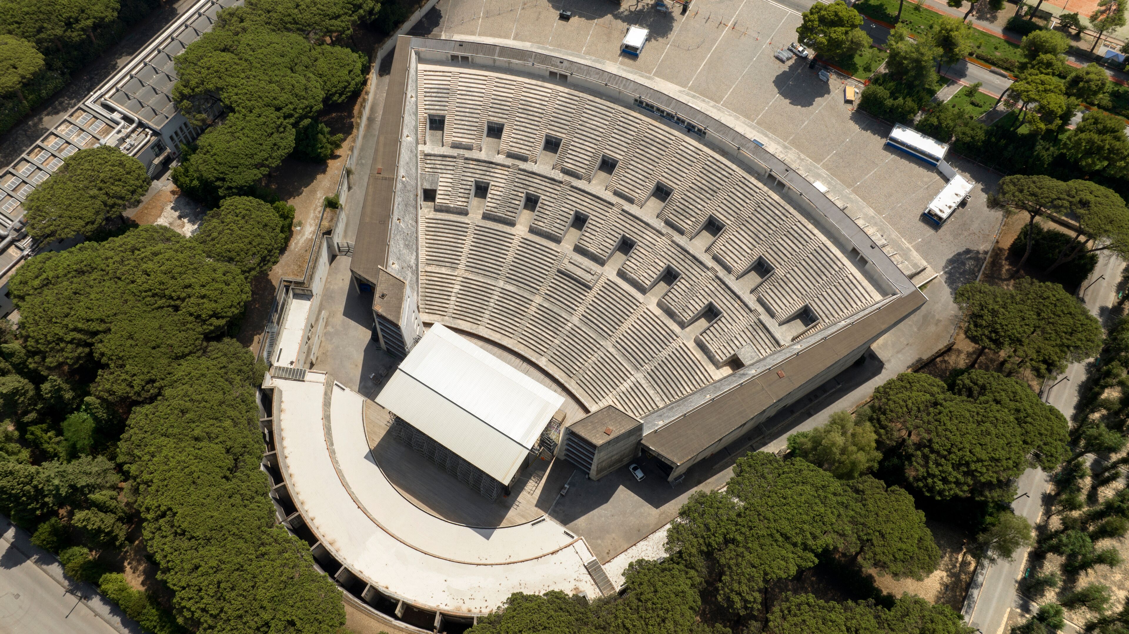 Aerial view of Arena Flegrea in Naples, Italy. It is a open-air theater located in the architectural complex of the Mostra d'Oltremare, in the Fuorigrotta district.