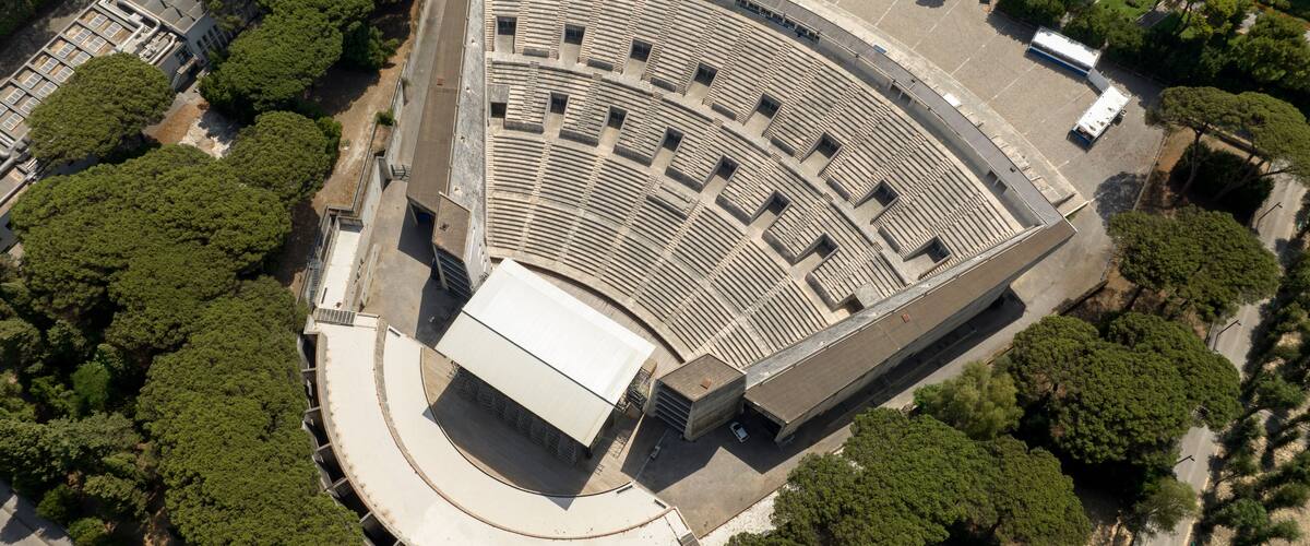 Aerial view of Arena Flegrea in Naples, Italy. It is a open-air theater located in the architectural complex of the Mostra d'Oltremare, in the Fuorigrotta district.