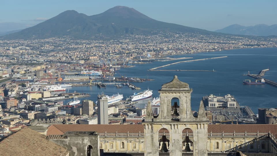 View of the gulf of Naples from the Castel Sant'Elmo with the Certosa di San Martino.