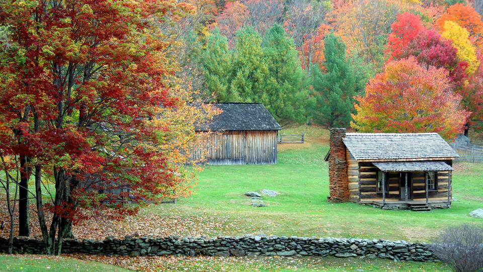 A rustic cabin surrounded by autumn foliage.