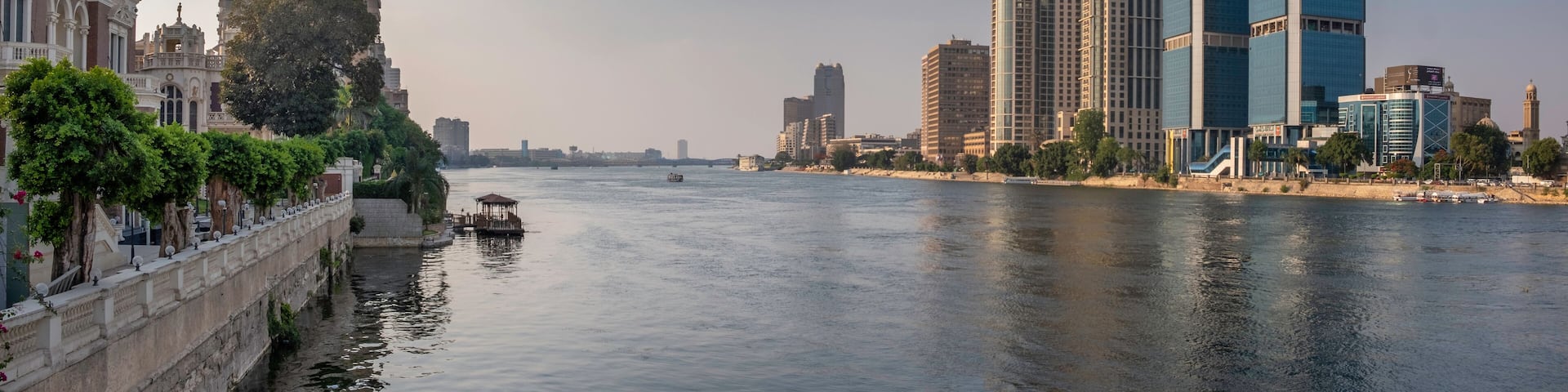 Panoramic view of river Nile in downtown of Cairo with Zamalek and modern buildings, Egypt