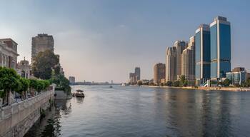 Panoramic view of river Nile in downtown of Cairo with Zamalek and modern buildings, Egypt