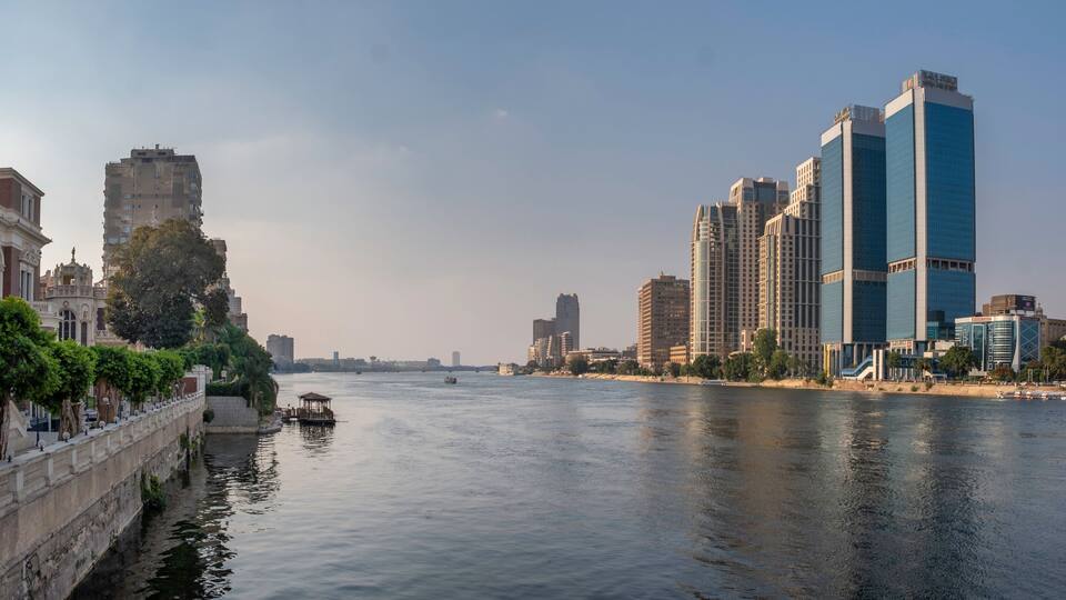 Panoramic view of river Nile in downtown of Cairo with Zamalek and modern buildings, Egypt
