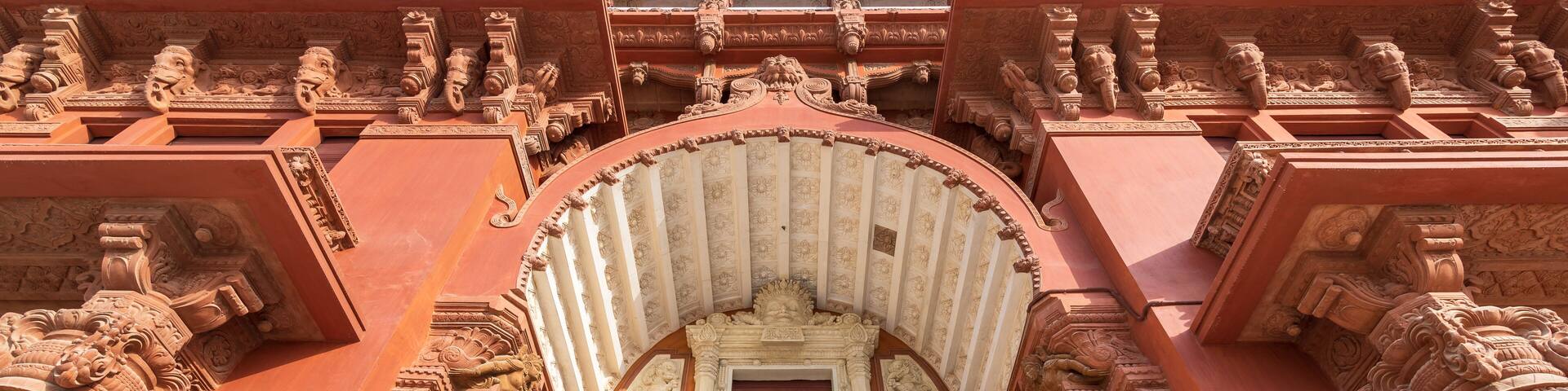 Low angle view of canopy above main entrance of Baron Empain Palace, a historic mansion inspired by the Cambodian Hindu temple of Angkor Wat, located in Heliopolis district, Cairo, Egypt