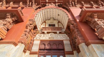 Low angle view of canopy above main entrance of Baron Empain Palace, a historic mansion inspired by the Cambodian Hindu temple of Angkor Wat, located in Heliopolis district, Cairo, Egypt