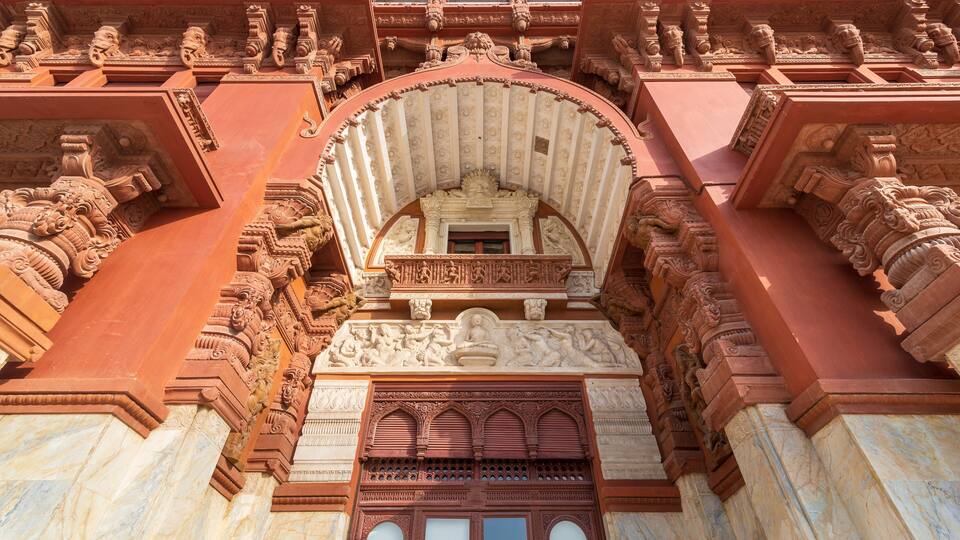 Low angle view of canopy above main entrance of Baron Empain Palace, a historic mansion inspired by the Cambodian Hindu temple of Angkor Wat, located in Heliopolis district, Cairo, Egypt
