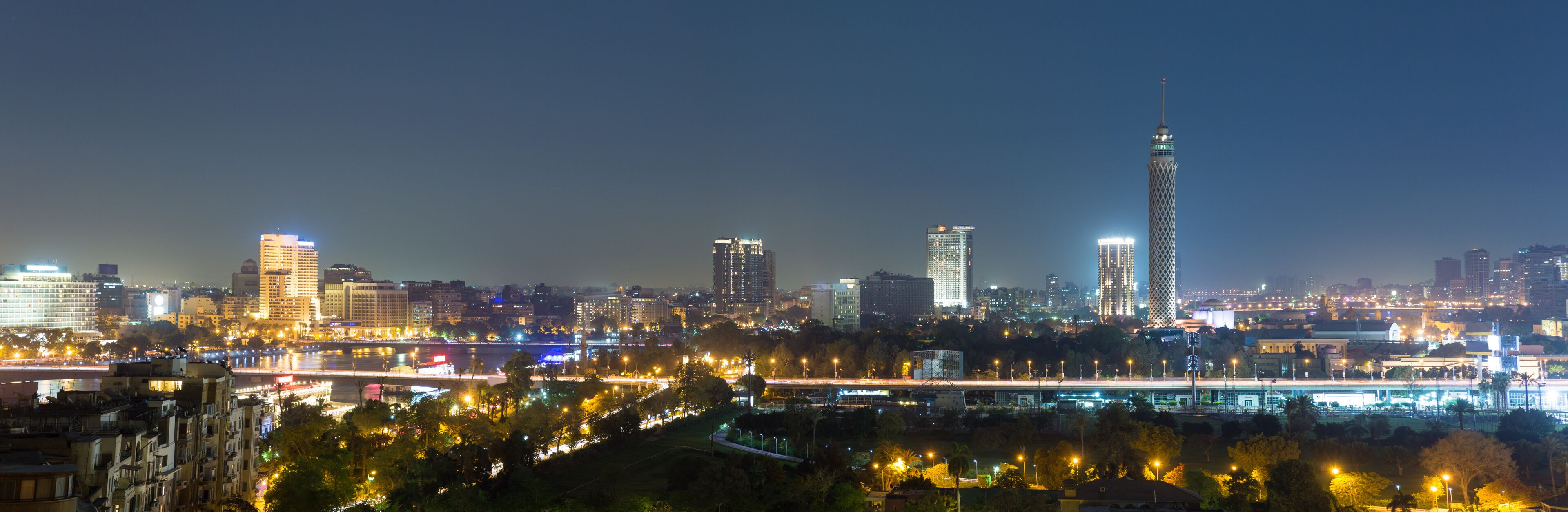 Panoramic view of central Cairo skyline at night