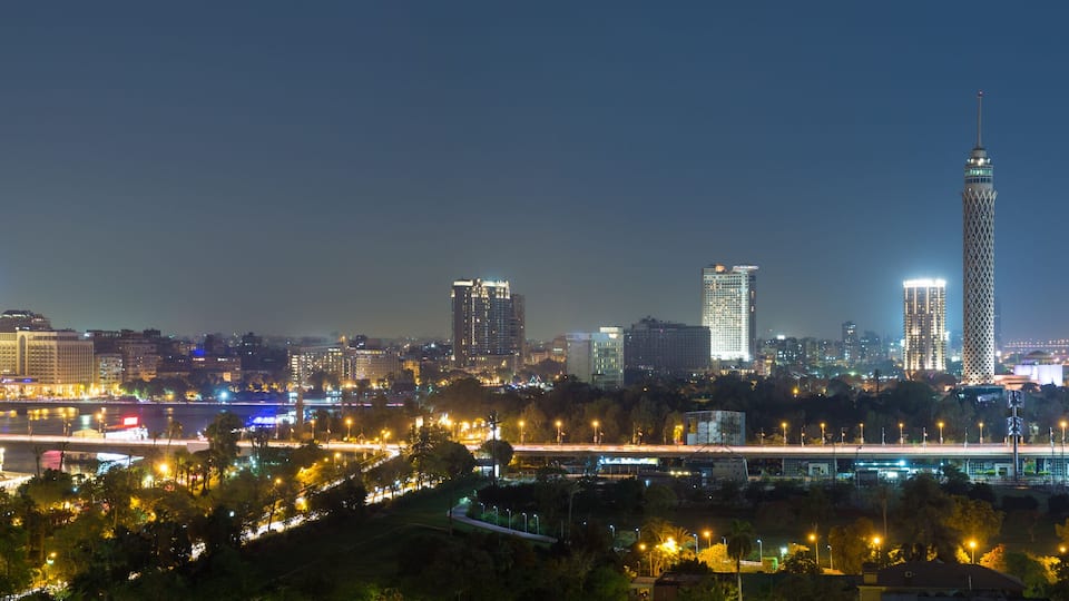 Panoramic view of central Cairo skyline at night