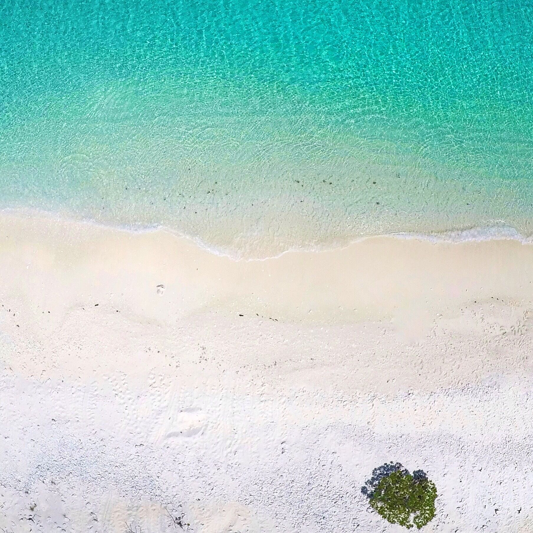 A beach with clear turquoise water and white sand.
