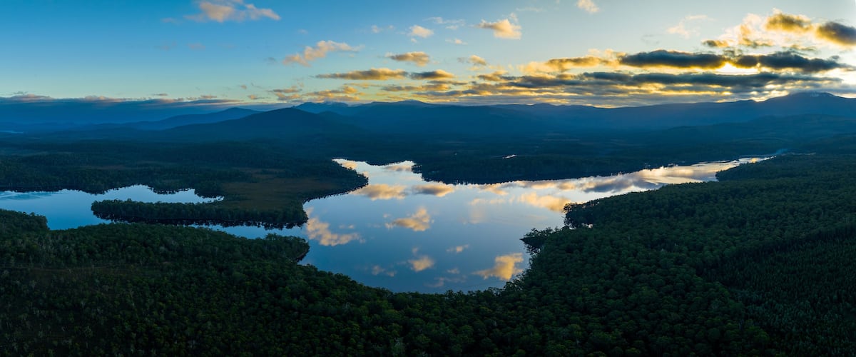 A lake surrounded by dense forest and mountains.