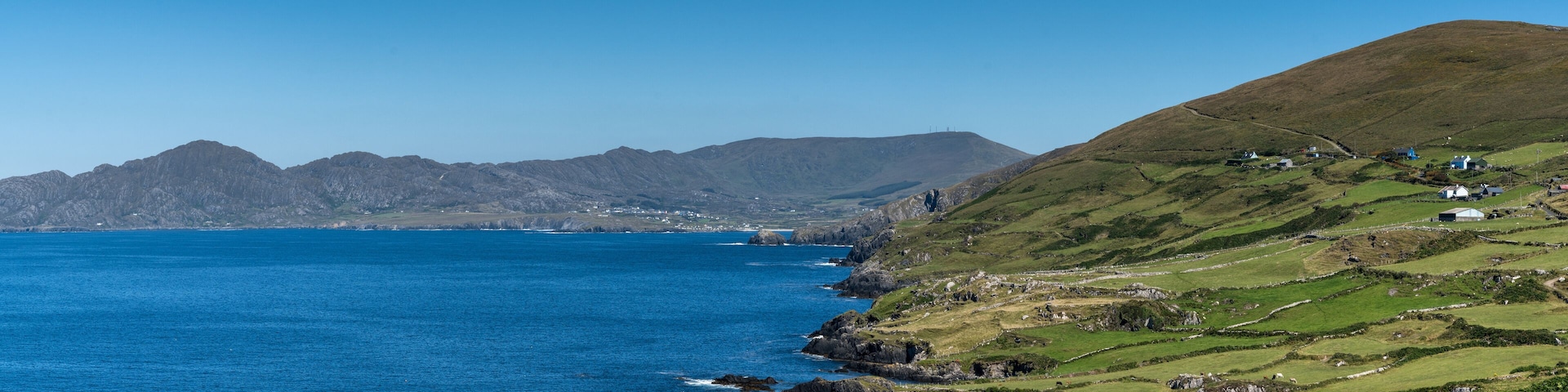 panorama view of the Iveragh Peninsula and Kells Bay in County Kerry