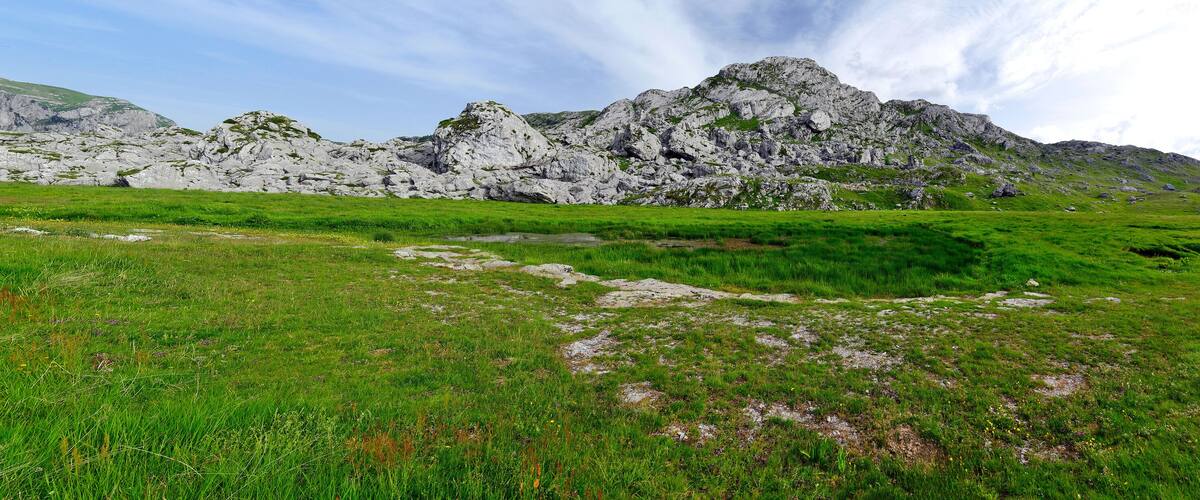 A mountainous landscape with rocky outcrops and a grassy meadow.